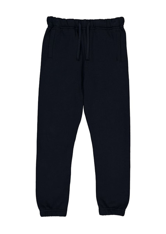 A pair of navy track pants featuring an elastic waistband and cuffs, with pockets on the sides and a logo.