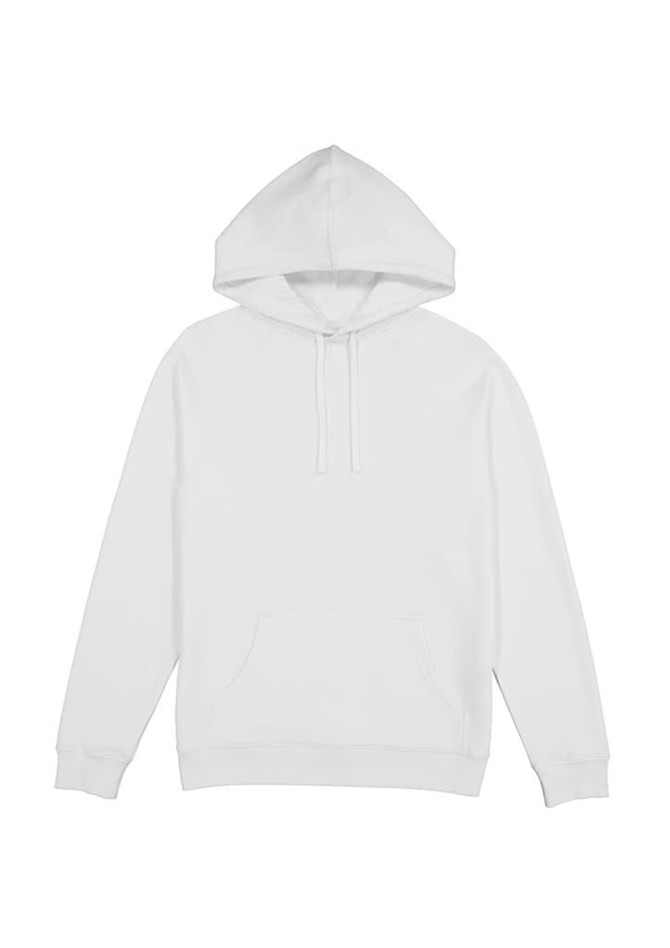A white women's hoodie with a front pocket and adjustable drawstrings on the hood, featuring a logo.