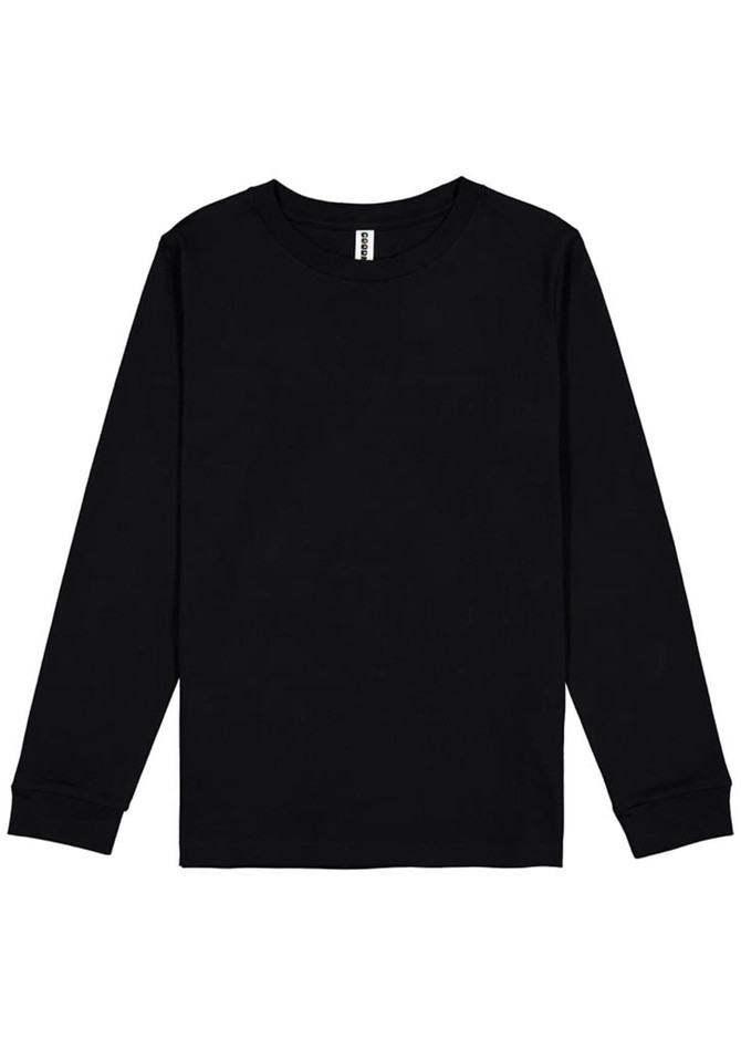 A black long sleeve tee with a round neckline and logo on the label. Suitable for casual wear.