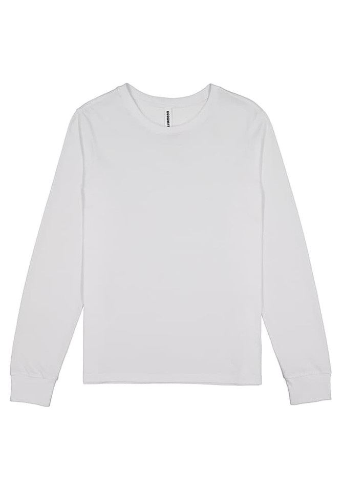 A long sleeve women's tee in white, featuring a simple design and a logo at the neck.