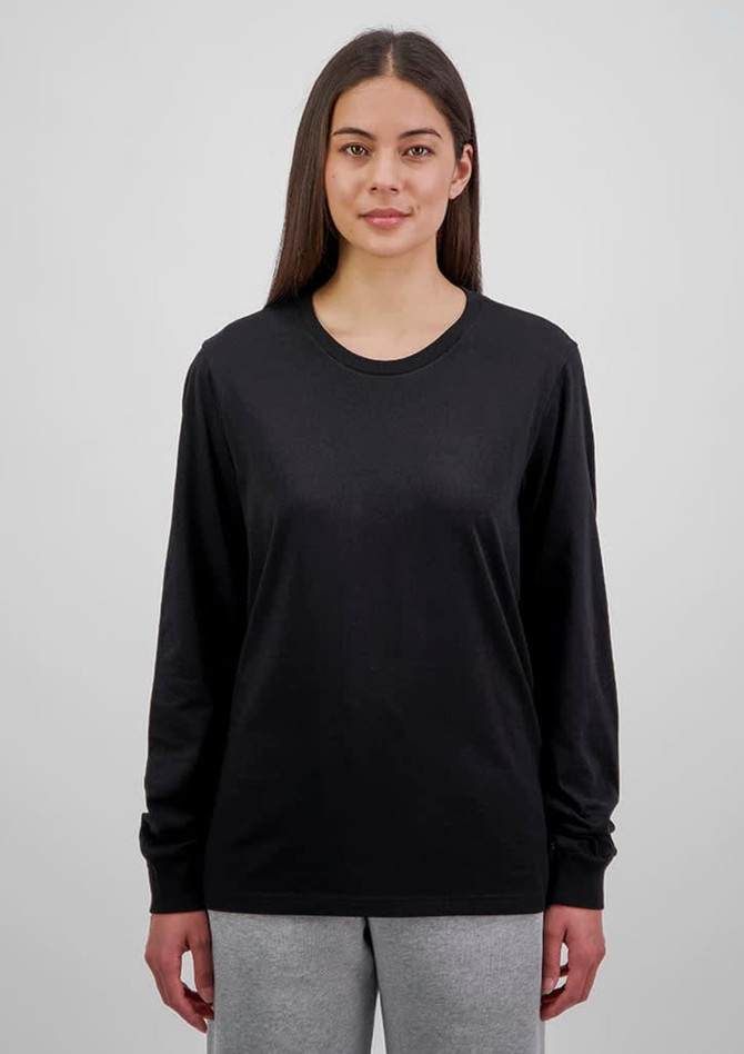 A black long sleeve women's t-shirt displayed on a model, featuring a simple design and a logo.