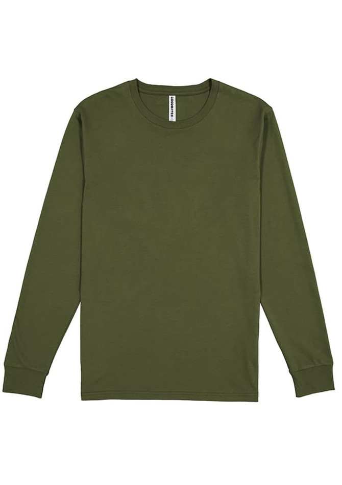 A long-sleeve tee in olive green, featuring a simple design and a brand label at the neck.
