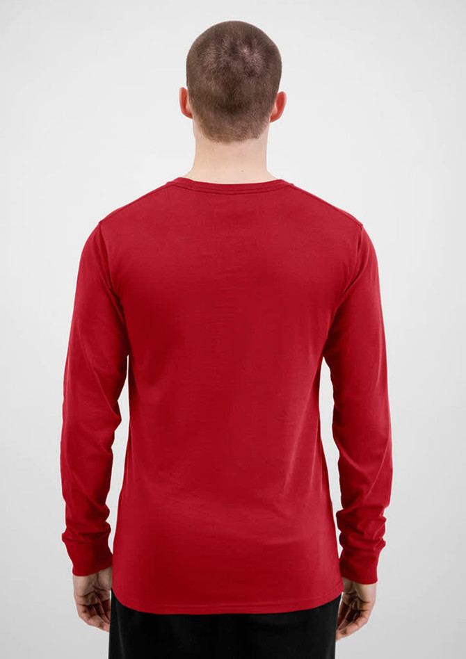 A red long sleeve men's tee viewed from the back, featuring a simple design and a subtle logo.