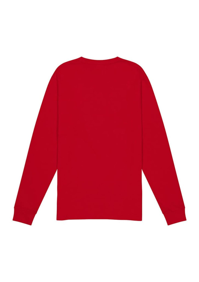 A red long sleeve men's tee featuring a plain back design and fitted sleeves. It includes a logo.