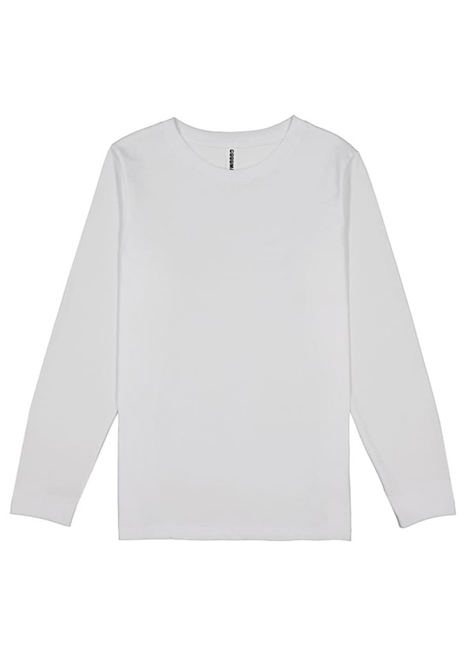 A long-sleeve white t-shirt featuring a simple design and a brand logo.