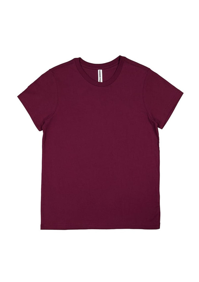 A burgundy short sleeve tee with a round neckline and a logo on the label.