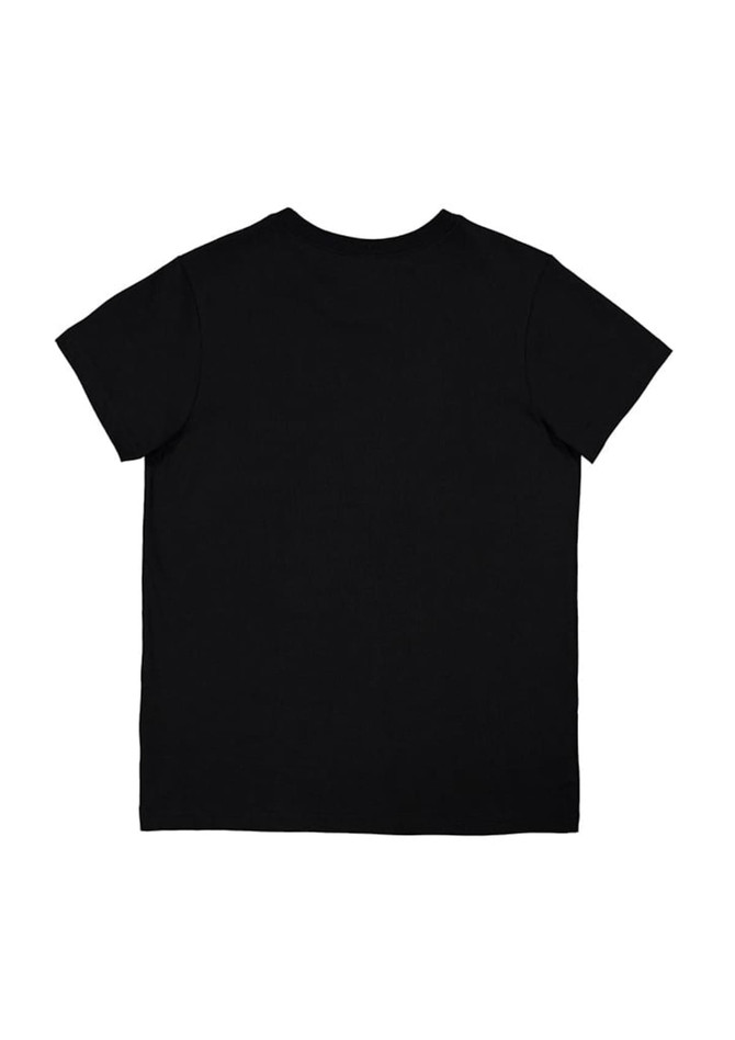 A black short sleeve women's t-shirt with a plain back and a logo on the neckline.