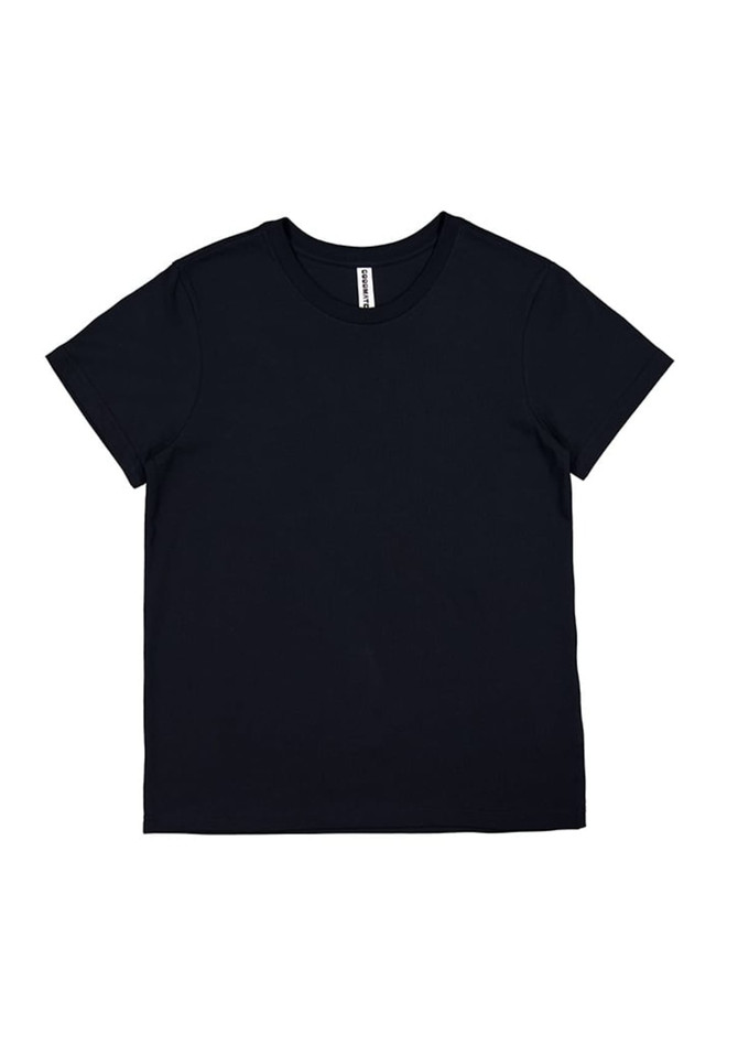A navy women's short sleeve tee with a simple design and a logo on the label.
