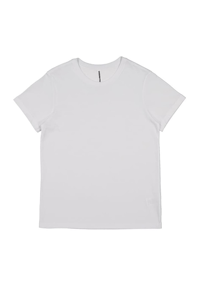 A white short sleeve women's t-shirt with a plain design and a small logo.