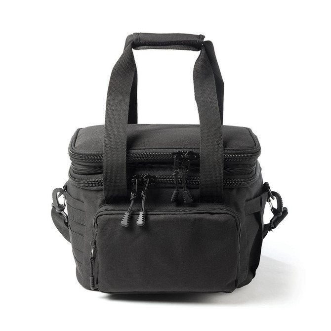 A black expanding cooler with dual zippers, sturdy handles, and an adjustable shoulder strap, featuring a front pocket and logo.