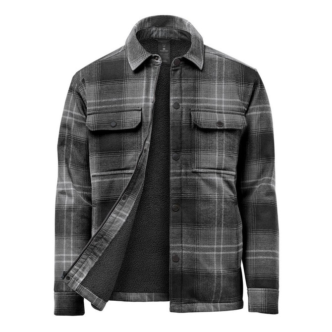 A men's plaid jacket in black and grey, featuring a Sherpa lining and two front pockets. It has a logo on it.
