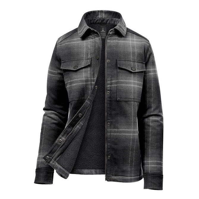 A Women's plaid jacket featuring a black and grey pattern with a sherpa lining, button-up front, and chest pockets.