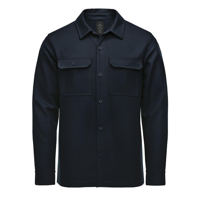 A navy blue men's shacket with two chest pockets and button closure. It features a collar and long sleeves.