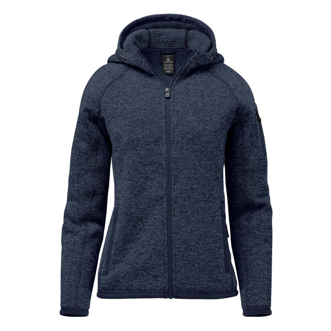 A navy blue women's fleece hoody with a full zip and a hoodie attached, featuring a logo.