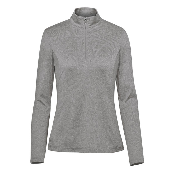 A women's pullover in grey with a quarter zip, featuring long sleeves and a logo.