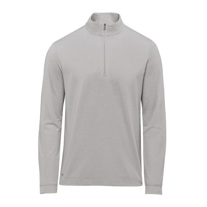 A light grey men's pullover featuring a 1/4 zip and long sleeves, with a small logo on the side.