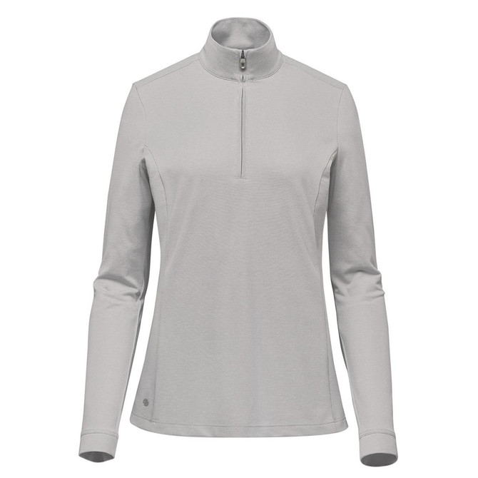 A grey women's pullover featuring a 1/4 zip and long sleeves, with a small logo on the lower side.