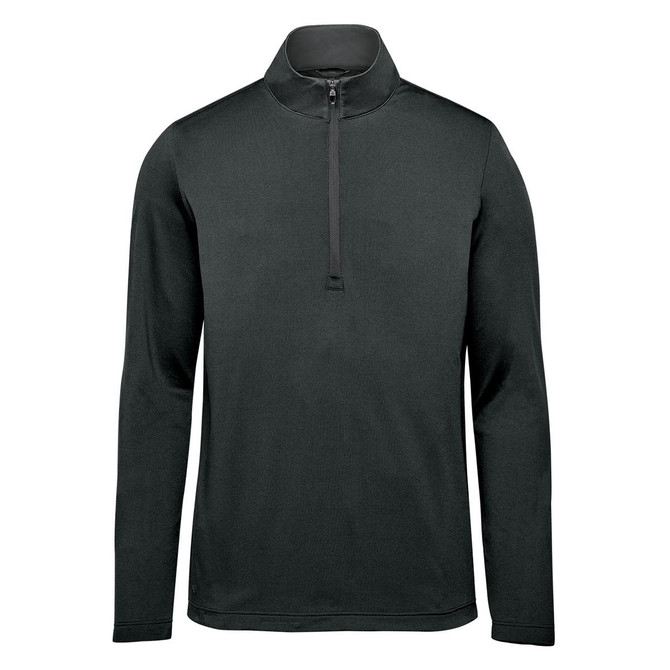 A black men's pullover featuring a 1/4 zip and long sleeves, with a logo on the design.