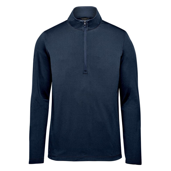 A navy blue men's pullover with a quarter zip and long sleeves, featuring a logo on the chest.