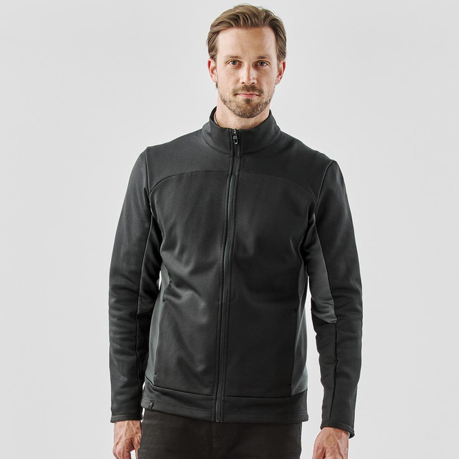 A men's black knit jacket with a zip front and stand-up collar, featuring a logo on the chest.