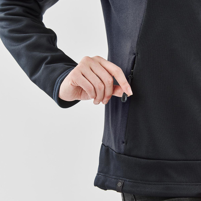 A navy blue women's knit jacket featuring a zippered pocket and a sleek, comfortable design. It includes a logo.
