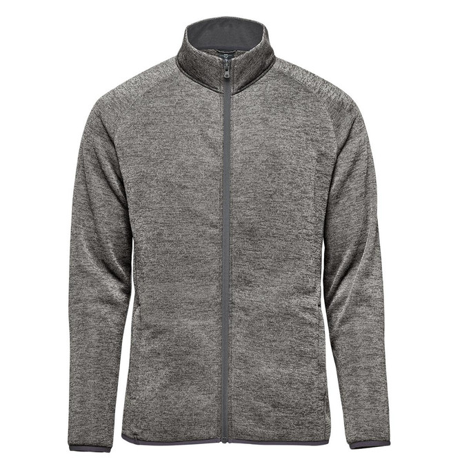 A grey men's fleece jacket with a full zip and a high collar, featuring a logo on the chest.
