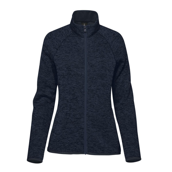 A navy blue women's fleece jacket featuring a full zip and high collar. It has a logo on the front.