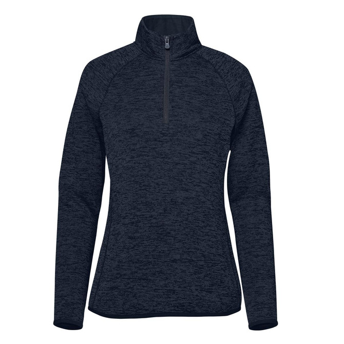 A dark navy half-zip fleece jacket for women with long sleeves and a collar. Features a logo on the garment.