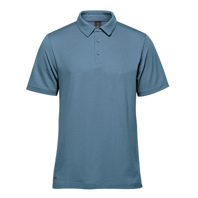 A short-sleeved polo shirt in a light blue shade, featuring a collar and three buttons. Includes a small logo.