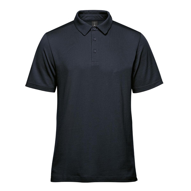 A navy blue men's polo shirt featuring a collar, short sleeves, and a logo on the chest.