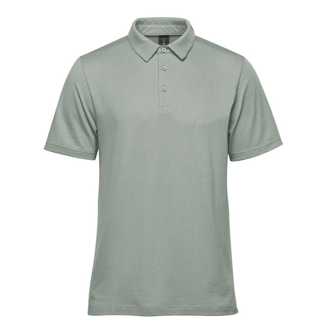A light green men's polo shirt with a classic collar and three-button placket. It features a logo.
