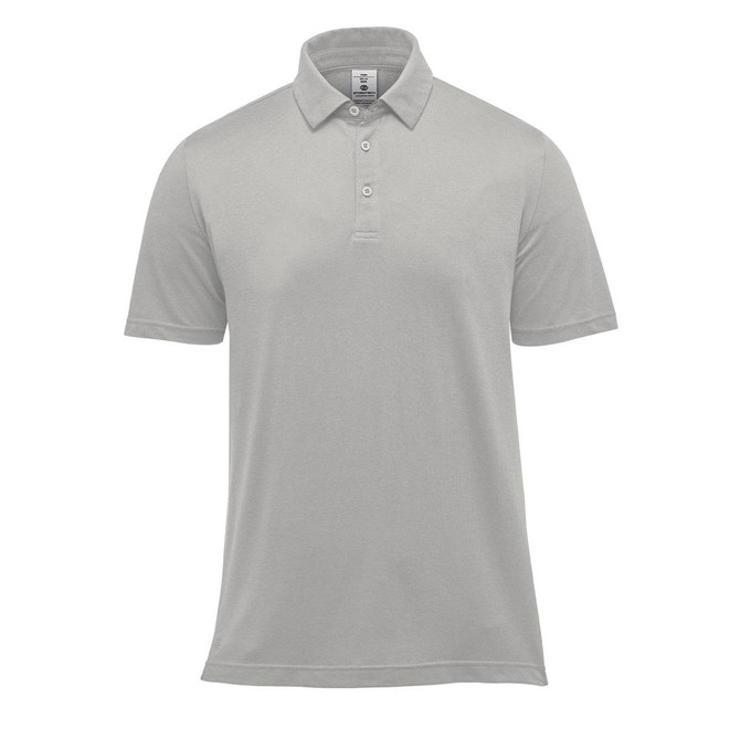 A light grey men's polo shirt with a classic collar and short sleeves, featuring a logo on the chest.