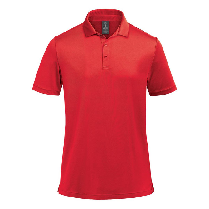 A red polo shirt with a collar and short sleeves, featuring a logo on the chest.
