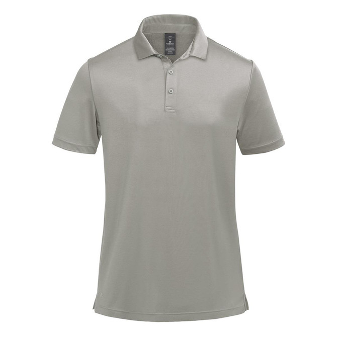 A grey polo shirt featuring a collar and three buttons, with a logo on the upper left side.