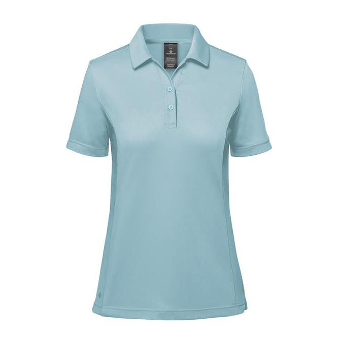 A light blue women's polo shirt with a collar and short sleeves. Features a logo on the design.