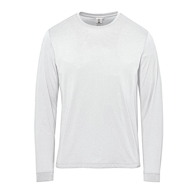 A long-sleeve white t-shirt with a simple design and a logo on the label.