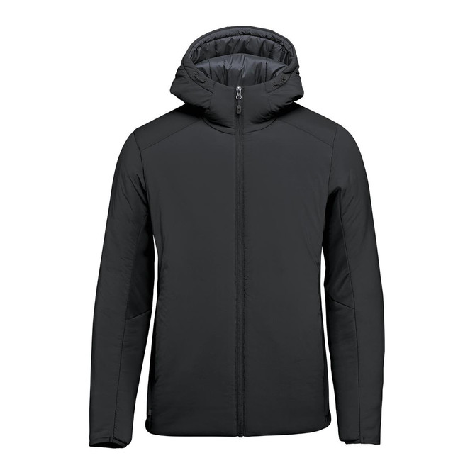 A black puffer jacket with a hood, featuring a front zipper and side pockets, and a logo on the left side.