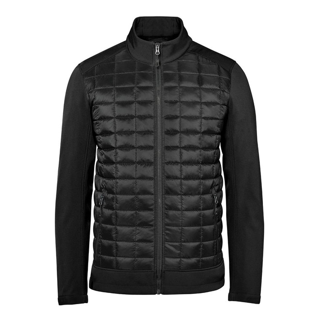 A black thermal softshell jacket with a quilted front and smooth sleeves, featuring a zippered front and side pockets.