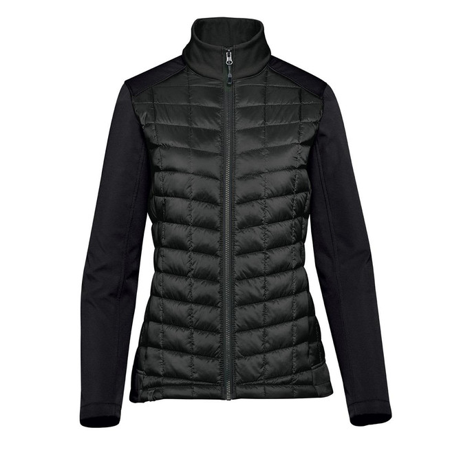 A women's softshell jacket in black, featuring a quilted front and smooth sleeves. It has a zip closure and a high collar.