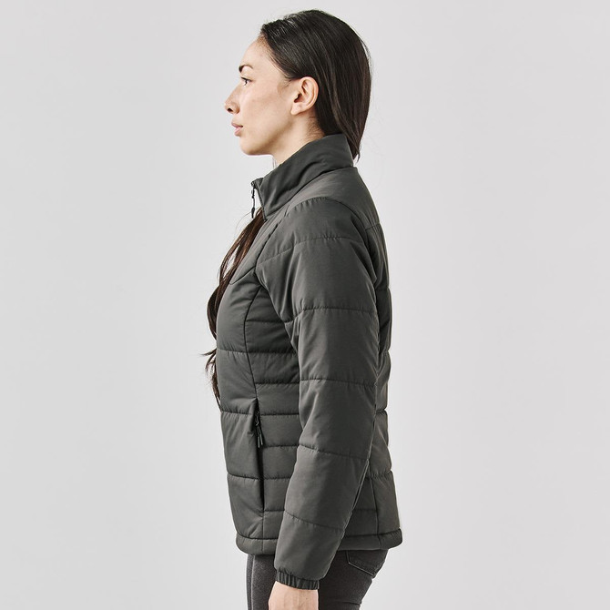 A women's puffer jacket in dark grey, featuring a zip closure and a fitted design, shown from the side.