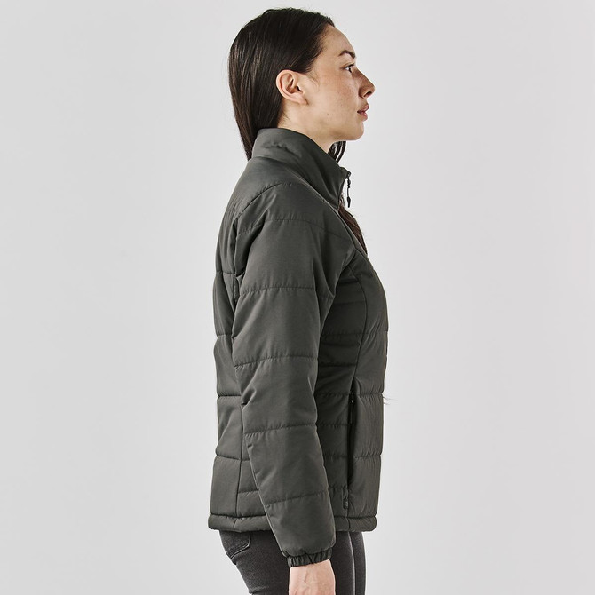 A women's puffer jacket in dark grey featured from the side, showcasing its thermal design and fitted silhouette.