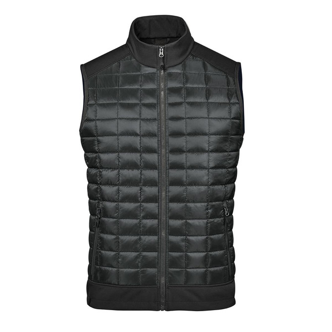A black thermal softshell vest featuring a quilted design and a full front zip, with a sleek collar and pockets.