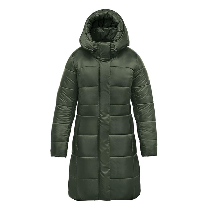 A women's puffer jacket in olive green with a hood, featuring a quilted design and a knee-length cut. 