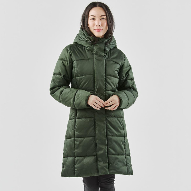 A green puffer jacket with a hood, featuring a long, quilted design and front pockets.