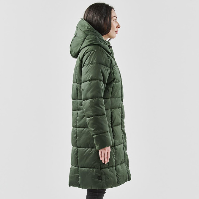 A women's puffer jacket in dark green with a hood, showcasing a side profile view.