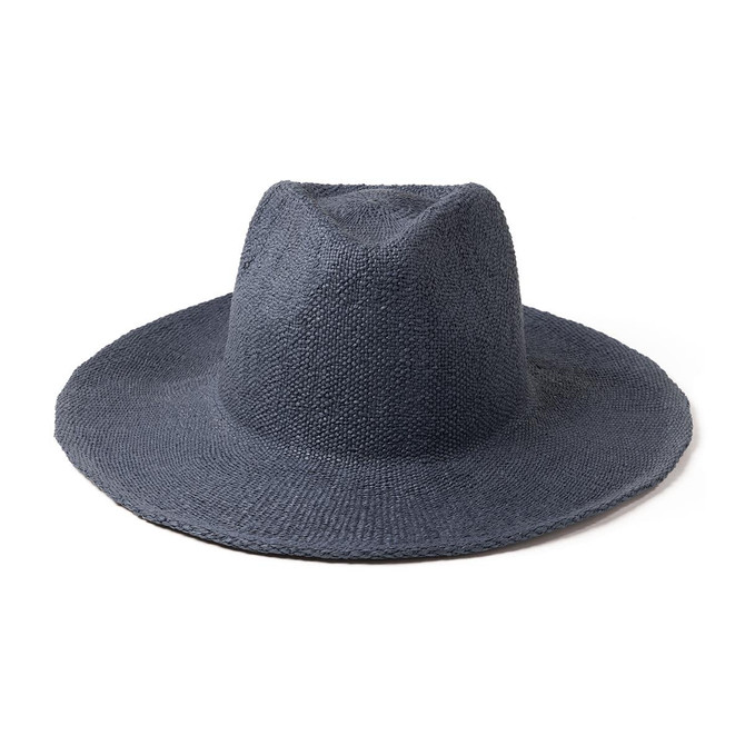 A dark grey straw hat with a wide brim and a round crown, featuring a subtle texture. Includes a logo.