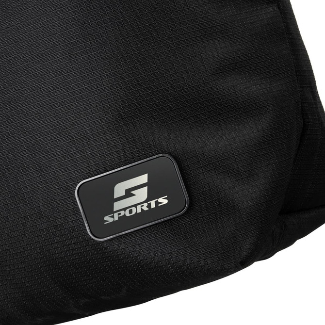 A black sports bag featuring a logo on a textured surface. The bag is sleek and compact in design.
