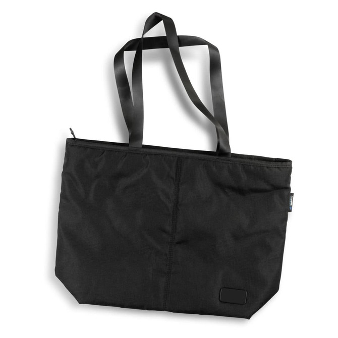 A black tote bag with long handles and a zippered top, featuring a simple design and a logo.