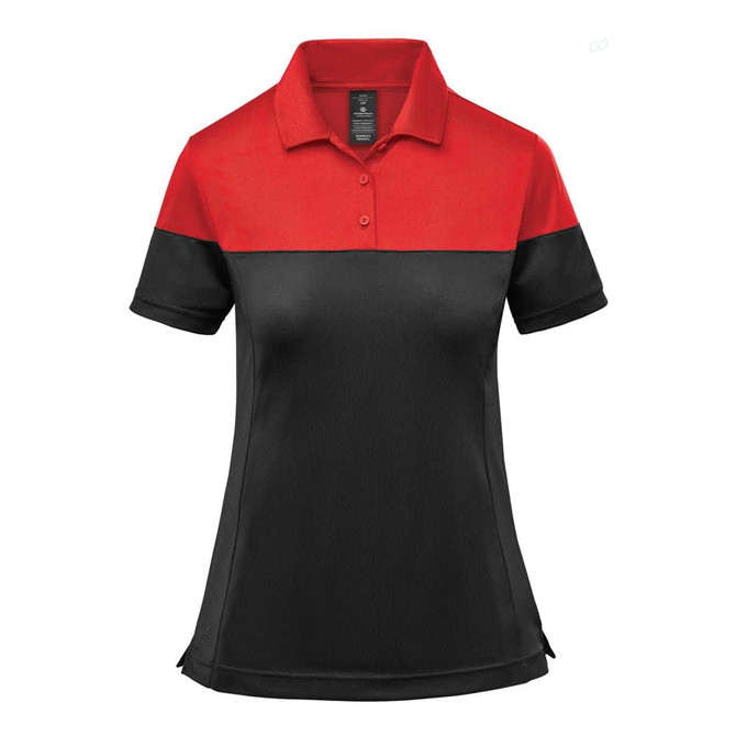 A women's polo shirt in black and red, featuring a two-tone design and a logo on the chest.