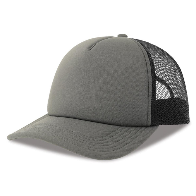 A grey trucker cap with a solid front and mesh back, featuring a logo on the front.